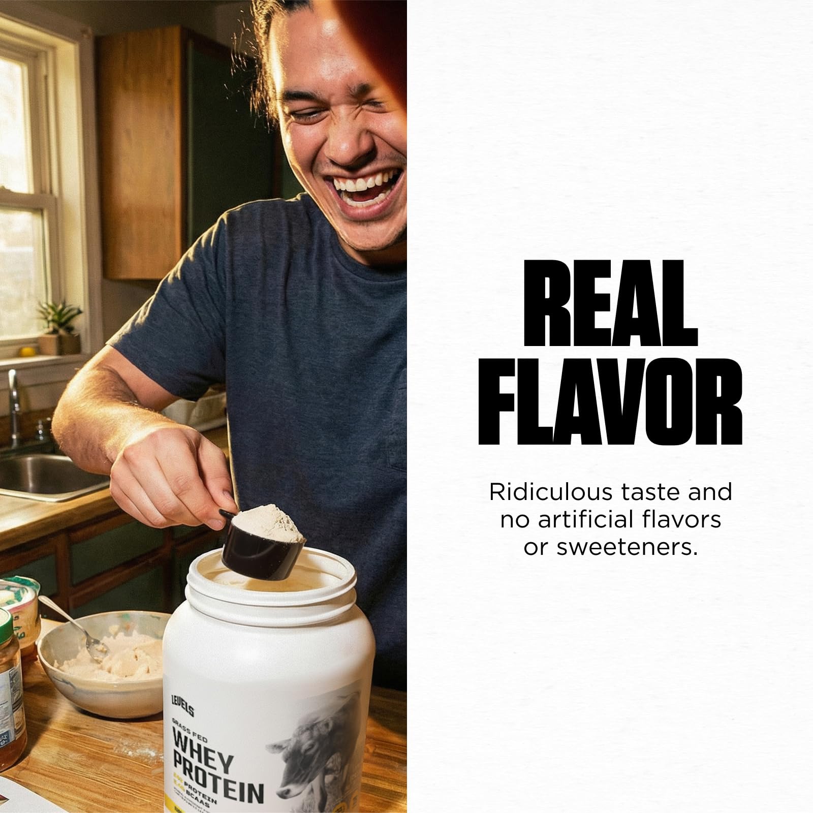 Non-GMO vanilla whey with gluten-free and soy-free formula, Levels label visible.