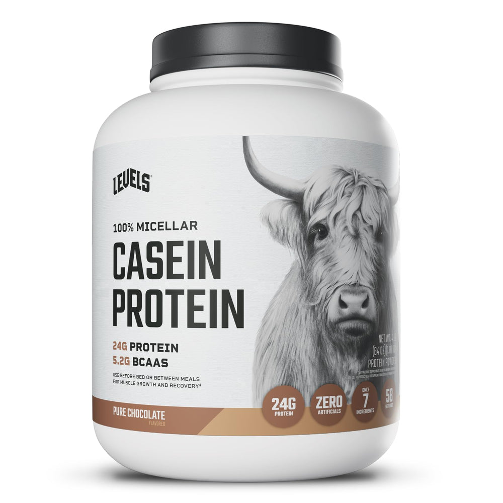 Levels Nutrition 100 Percent Micellar Casein bottle emphasizes strong protein for workouts