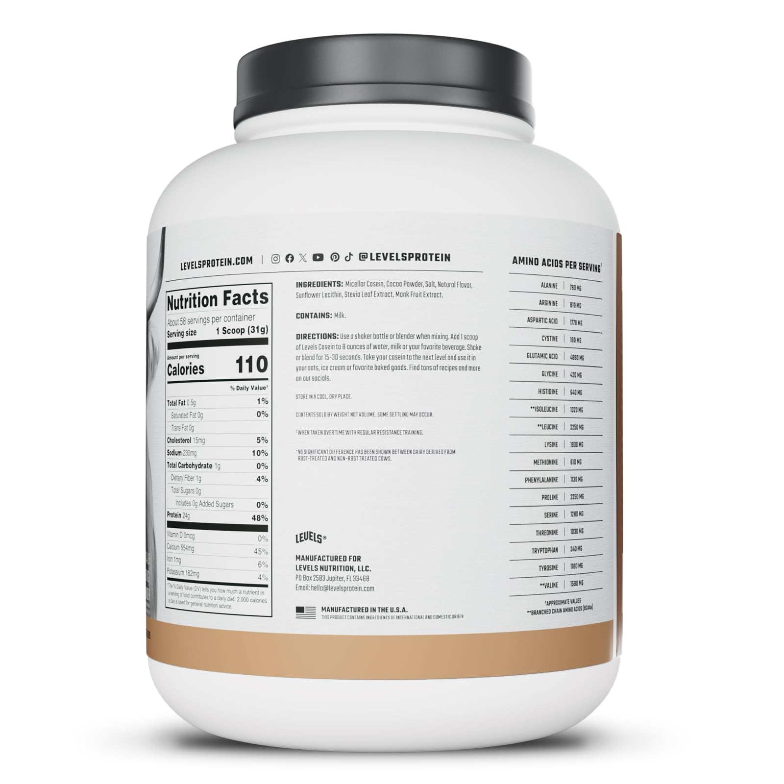 Levels Nutrition chocolate casein serving ready demonstrates convenient protein option