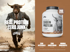 Levels Nutrition chocolate casein tub label highlights clean ingredients and hormone-free dairy