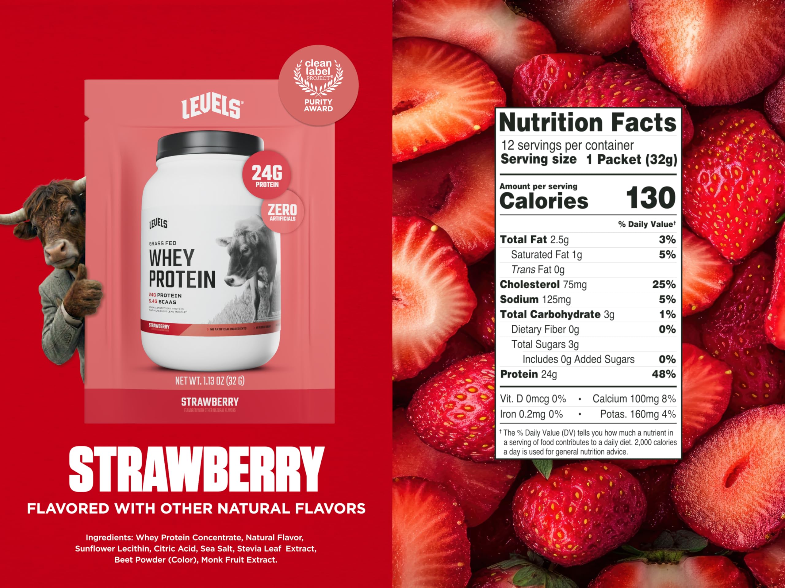Levels Strawberry whey shake on table, creamy flavor for everyday fueling.