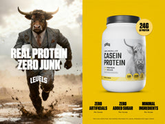 Levels Vanilla Bean Casein bottle label—hormone-free nutrition you can trust.
