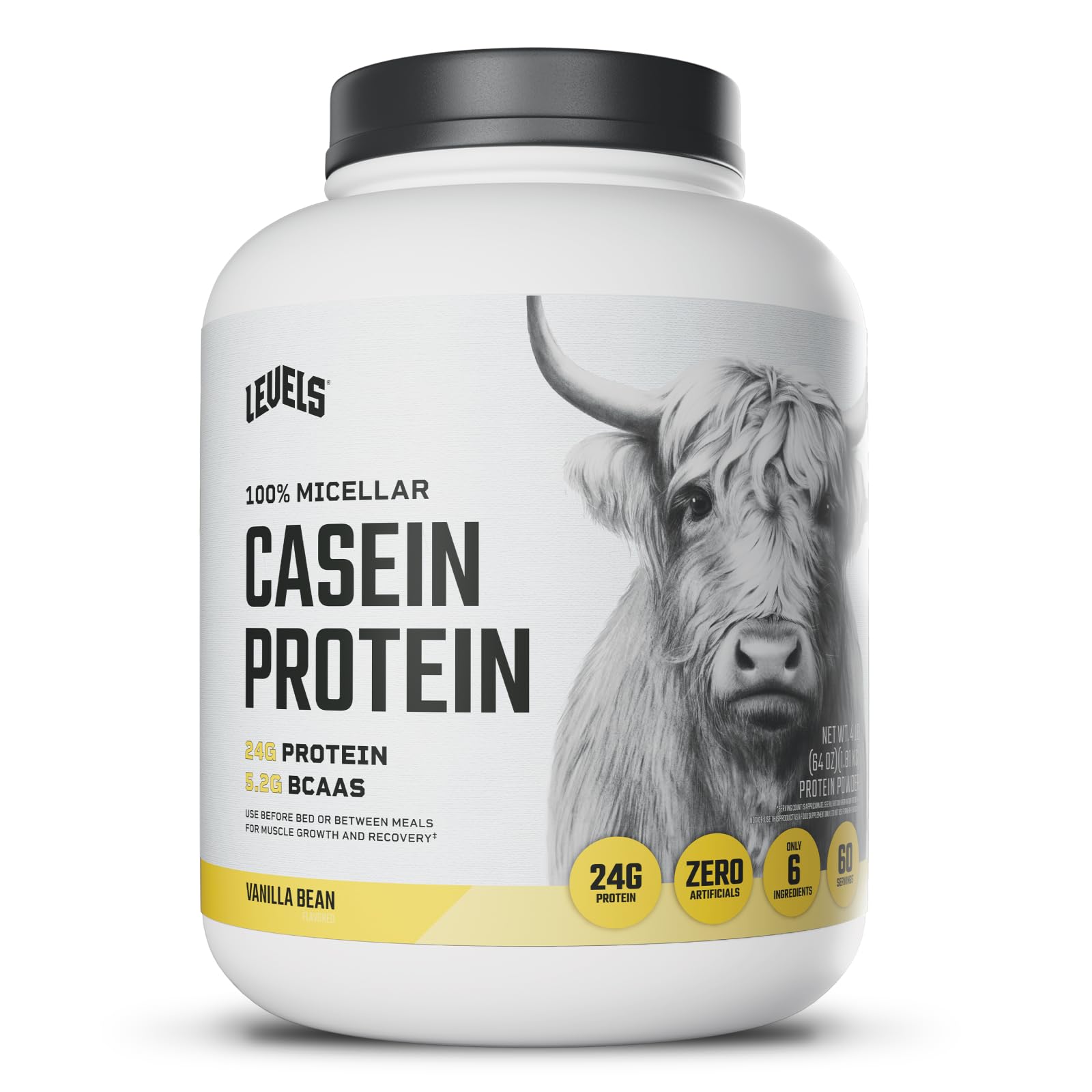 Levels Vanilla Bean Casein bottle on counter, hormone-free protein.