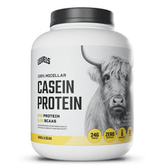 Levels Vanilla Bean Casein bottle on counter, hormone-free protein.