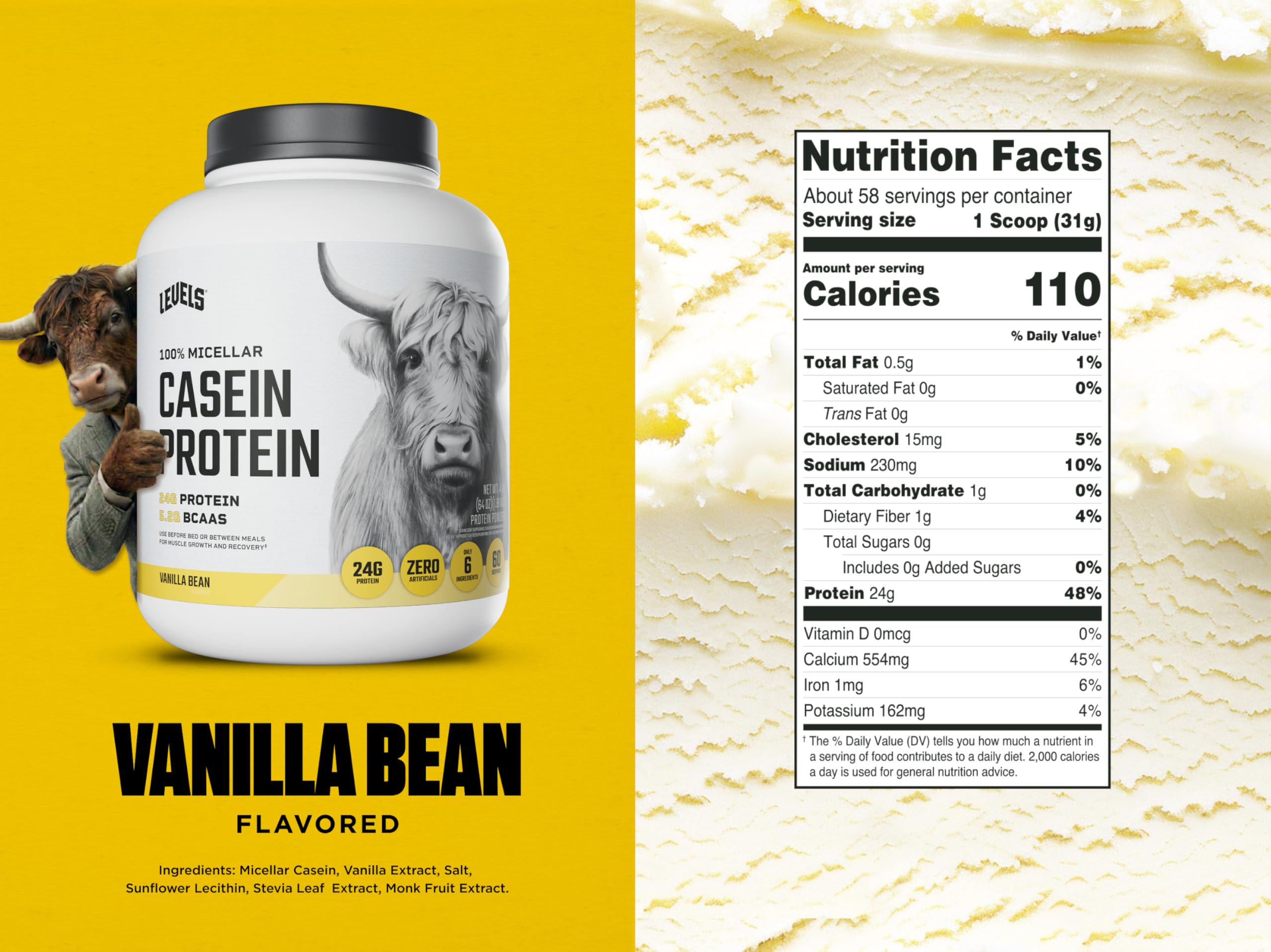 Levels Vanilla Bean Casein powder scoop by glass, smooth mixing.
