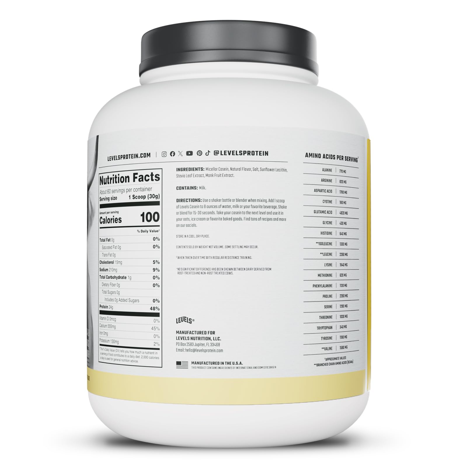 Levels Vanilla Bean Casein with glass of water, ideal post-workout option.