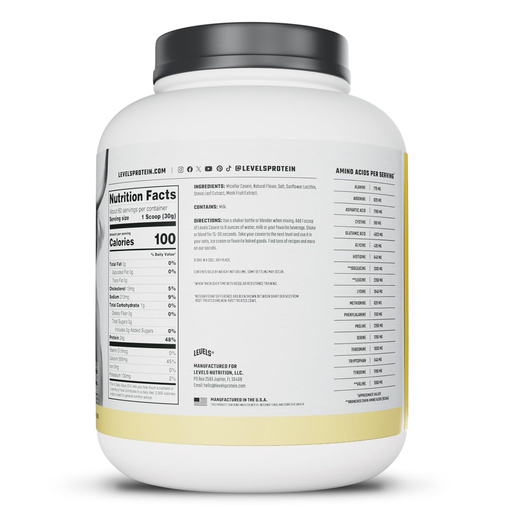Levels Vanilla Bean Casein with glass of water, ideal post-workout option.
