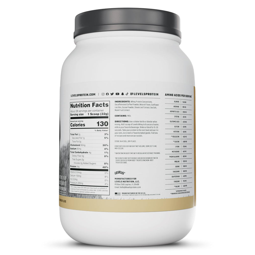 Levels Made in USA badge on whey tub indicates domestic production quality.