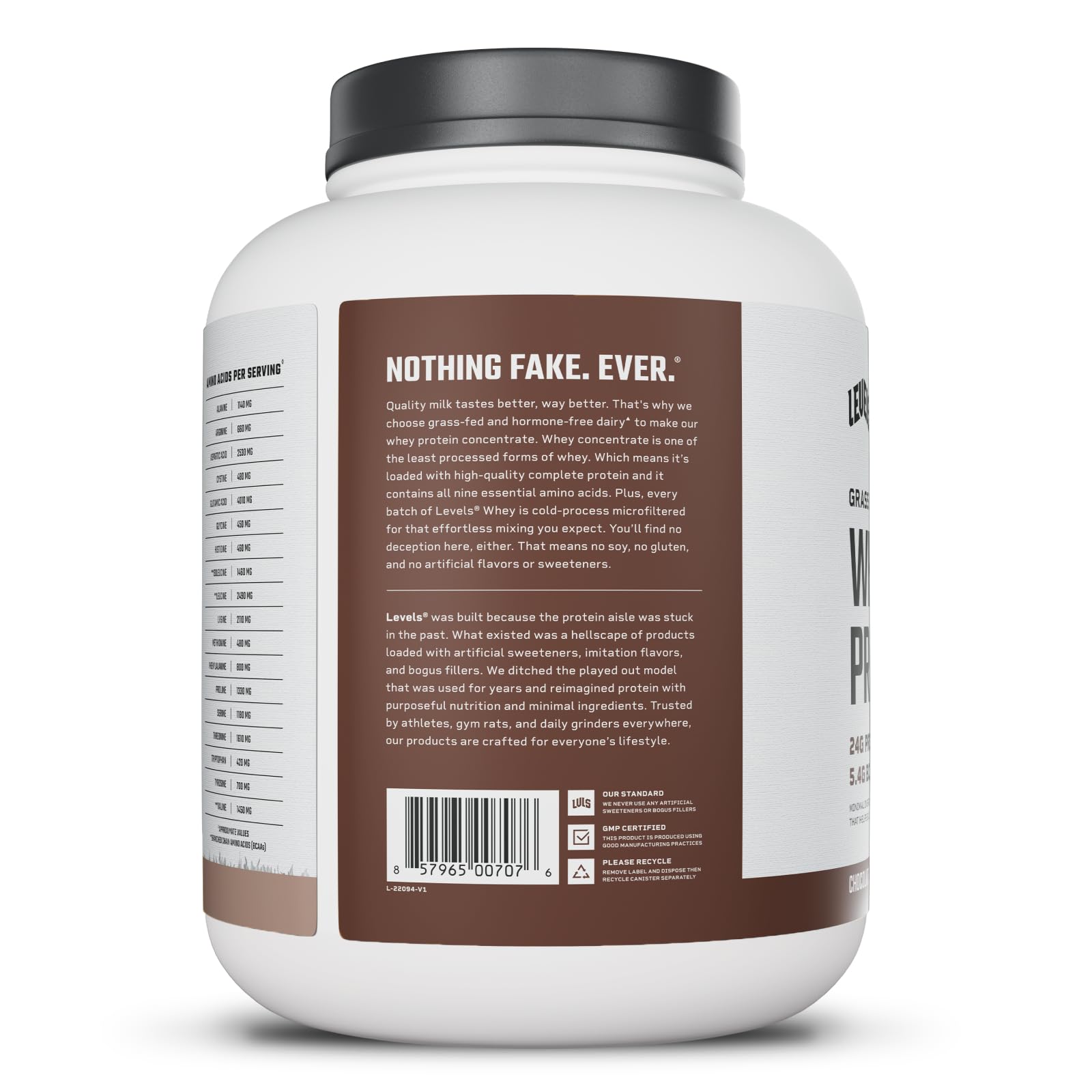 Made in USA emblem implies quality and careful processing for Levels whey protein.