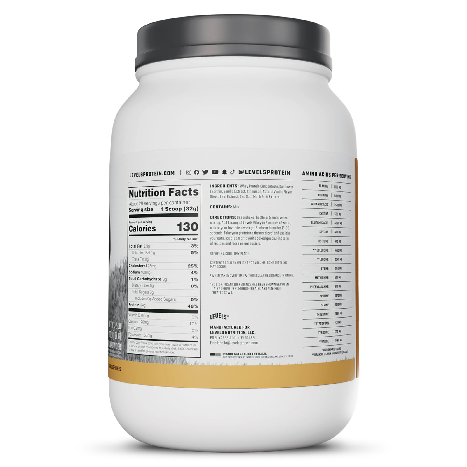 Levels Whey made in the USA packaging on display.