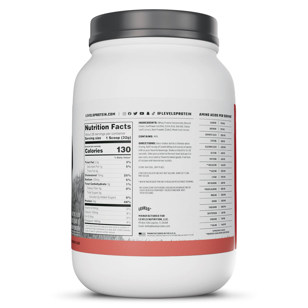 Levels whey made in USA bottle on kitchen counter