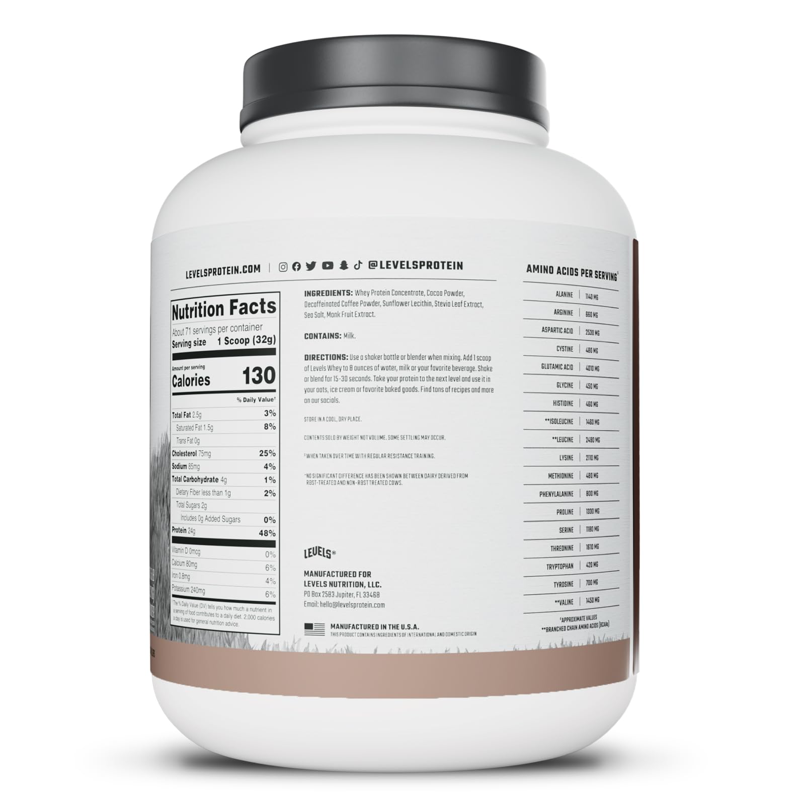 Monk fruit sweetener label suggests natural, lightly sweetened shakes from Levels whey.