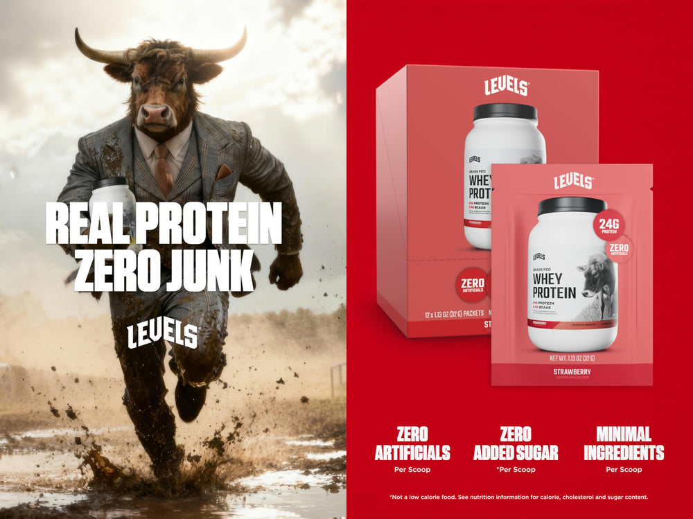Levels whey scoop pouring into shaker for a quick protein shake.