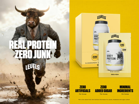 Levels Whey protein scoop pours smoothly for a post-workout shake.