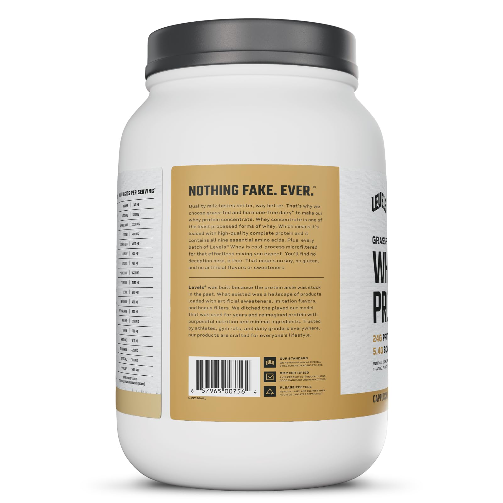 Levels Whey shake after workout in glass reveals creamy texture.