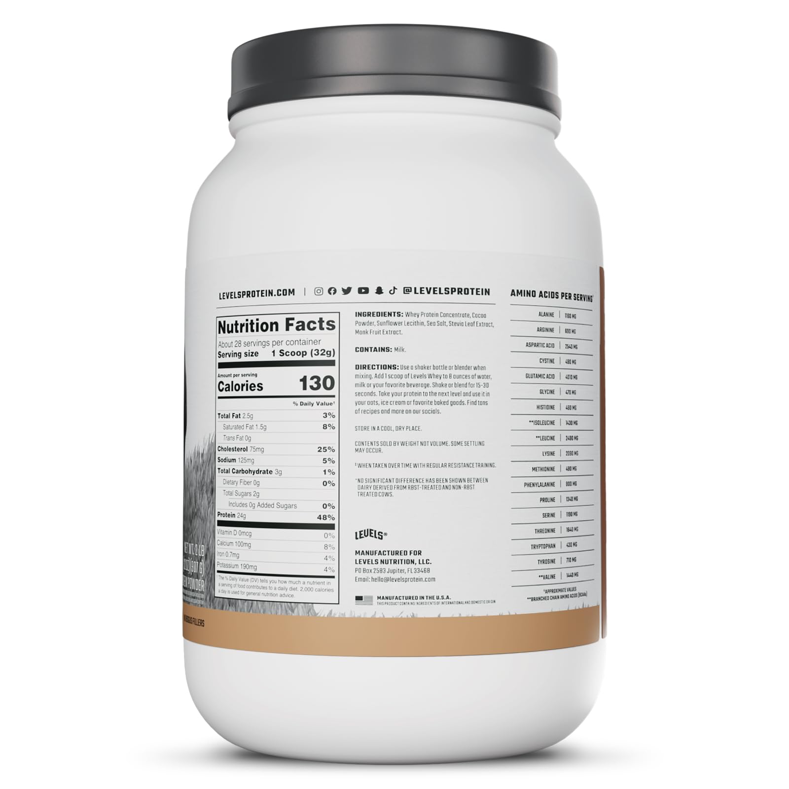 Levels Whey Protein USA label emphasizes Made in USA production.