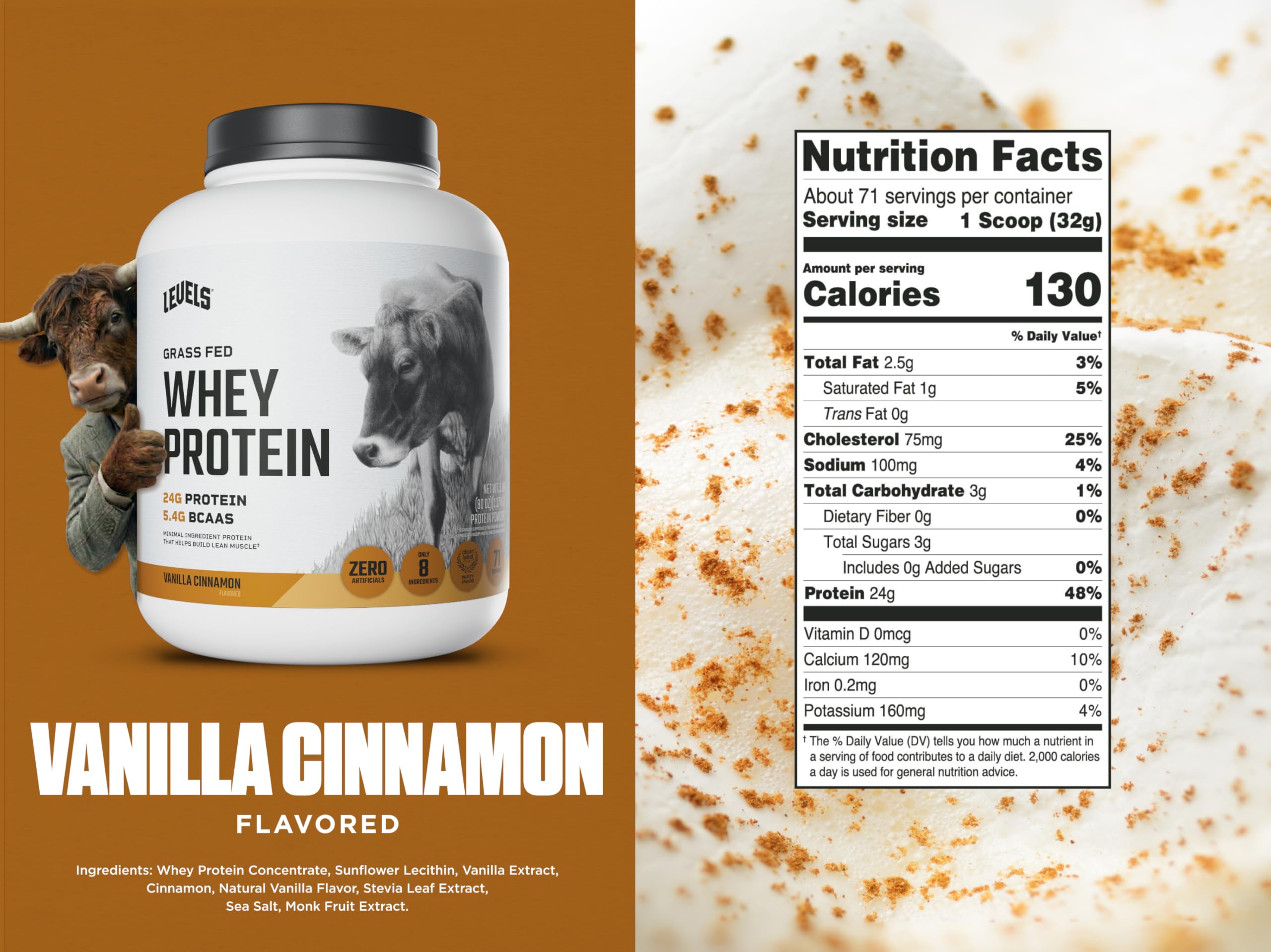 Levels Grass Fed Whey Vanilla Cinnamon label highlights clean ingredients.
