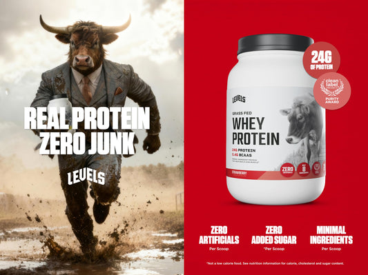 Levels whey scoop beside a shaker, showing quick protein mix