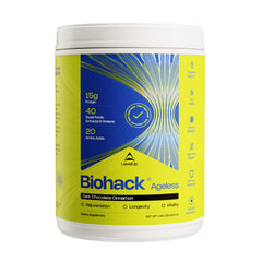 LevelUp Biohack Ageless bottle with dark chocolate cinnamon flavor confirming daily vitality support