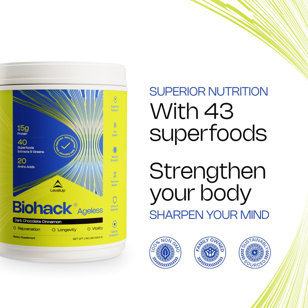LevelUp Biohack Ageless superfoods blend showcasing nutrient-rich mix