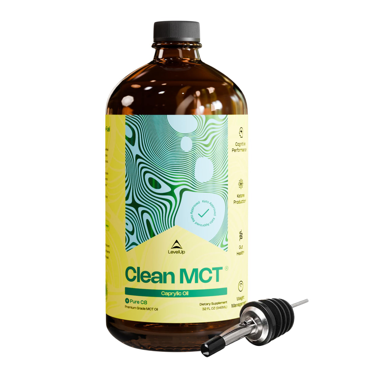 LevelUp Clean MCT Oil bottle close-up showing glass packaging for fast, clean energy.