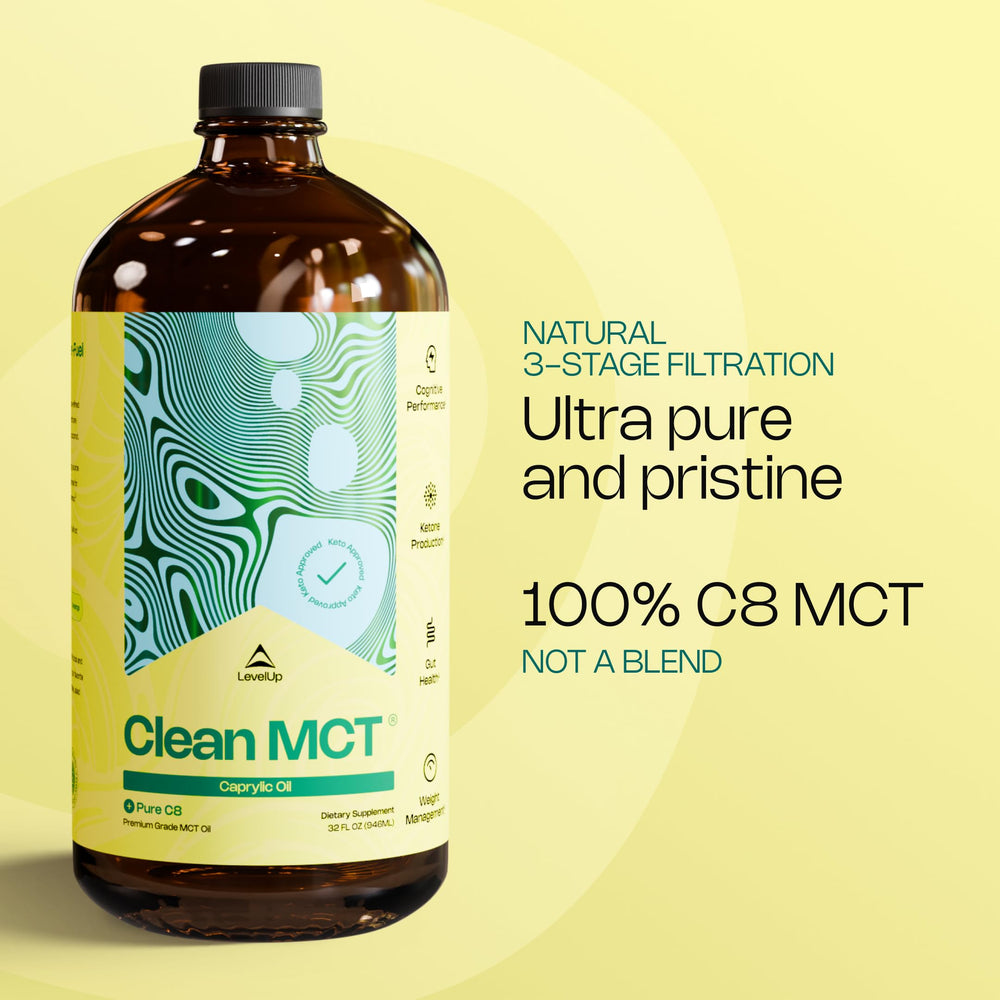 LevelUp Clean MCT Oil on a kitchen counter, ready to power meals.