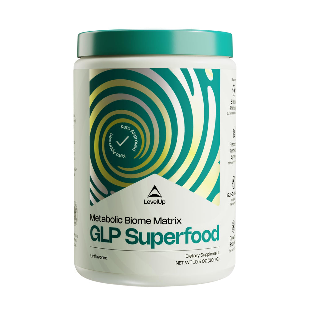 LevelUp GLP bottle pouring, illustrating daily gut health support.