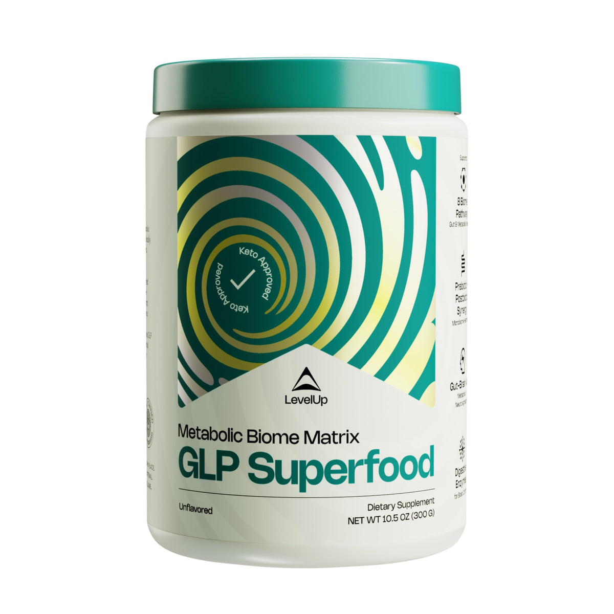 LevelUp GLP bottle pouring, illustrating daily gut health support.