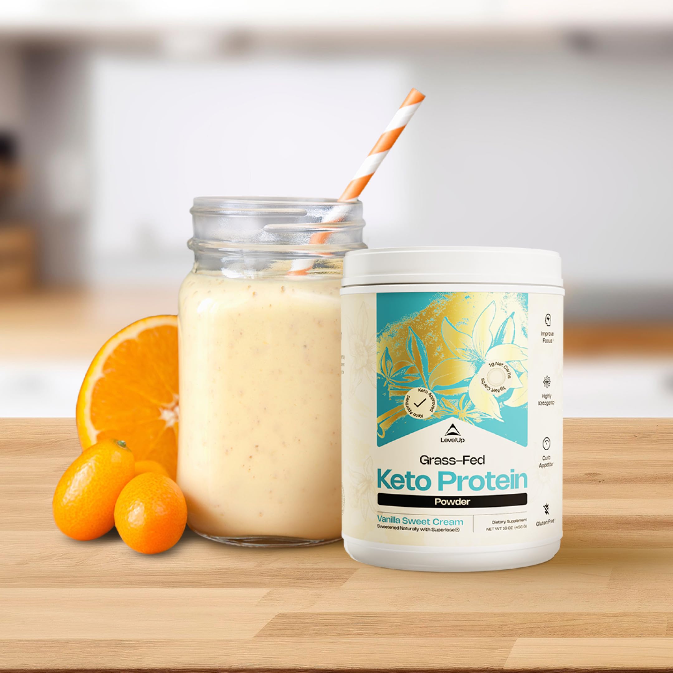 LevelUp Keto Protein C8 MCT oil scene suggests quick energy and creamy mouthfeel.