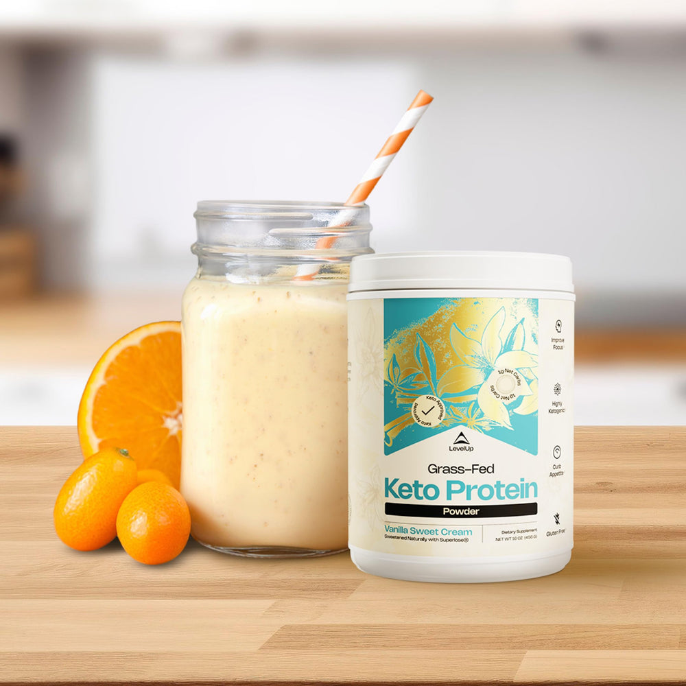 LevelUp Keto Protein C8 MCT oil scene suggests quick energy and creamy mouthfeel.