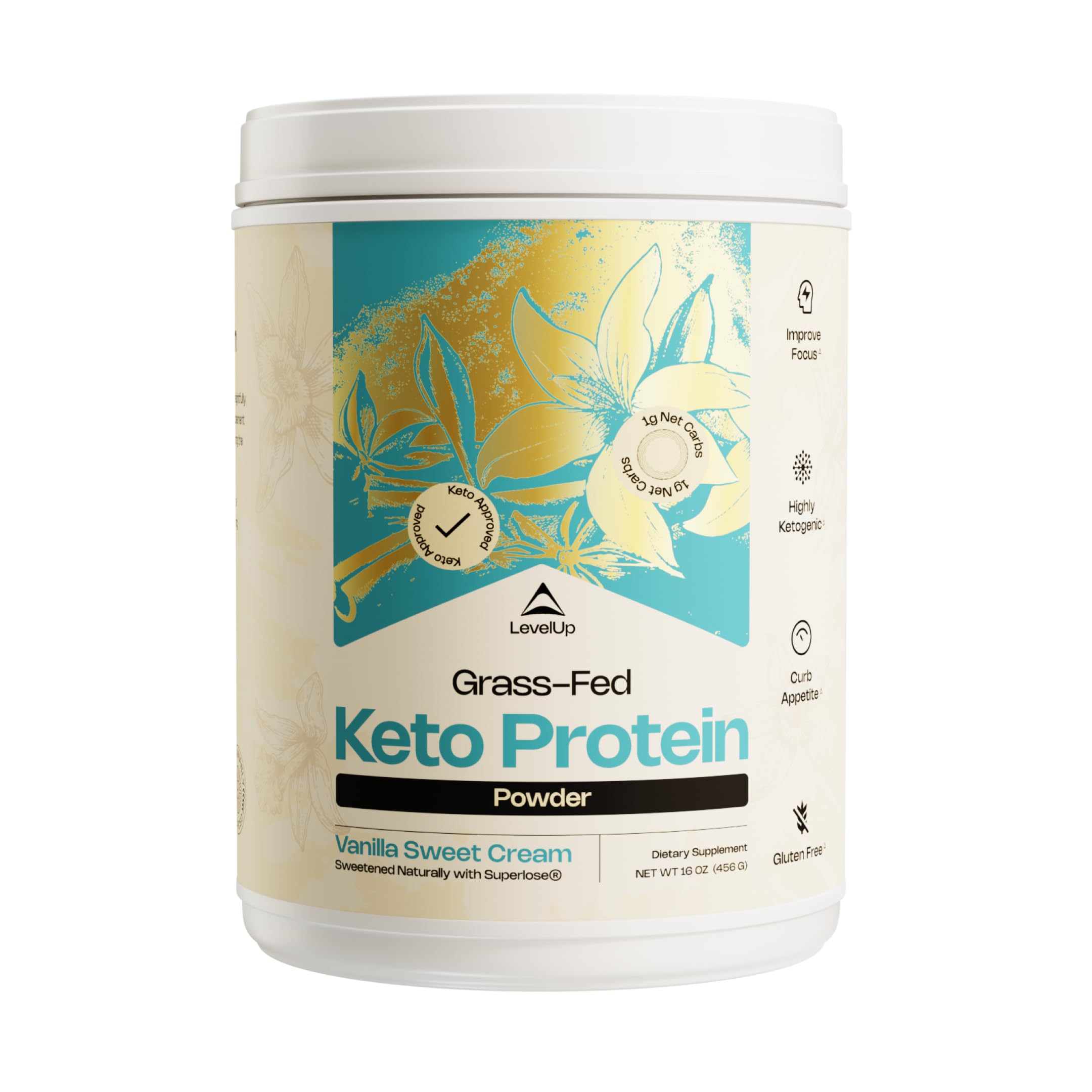 LevelUp Keto Protein vanilla sweet cream tub label shows grass-fed collagen and MCT blend.