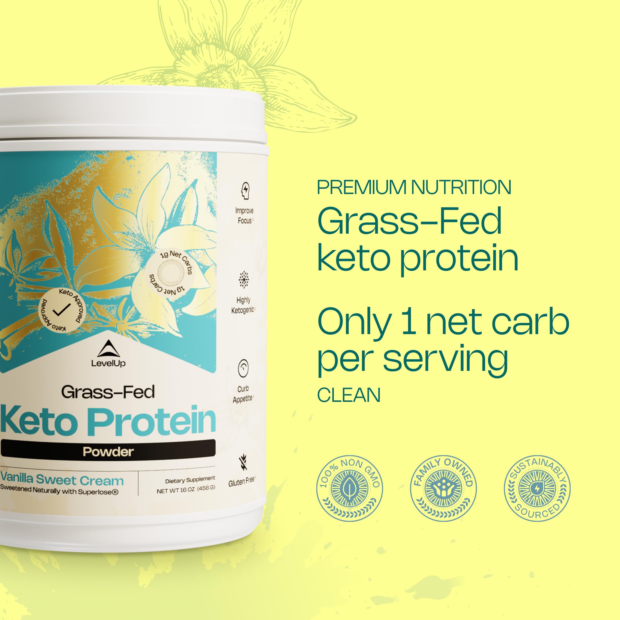 LevelUp Keto Protein whey isolate scoop demonstrates convenient measurement.