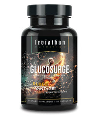 Leviathan GlucoSurge bottle front featuring GlucoVantage for daily balance support.