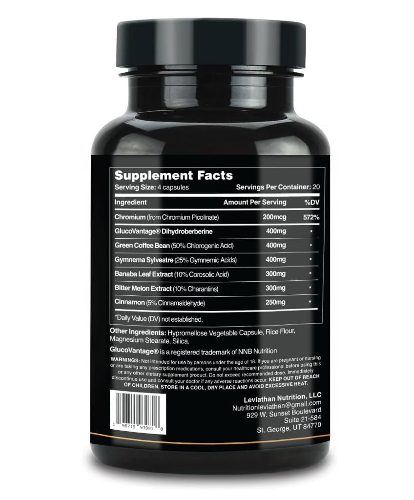 Leviathan GlucoSurge label close-up emphasizes quality and vegetarian-friendly formulation.