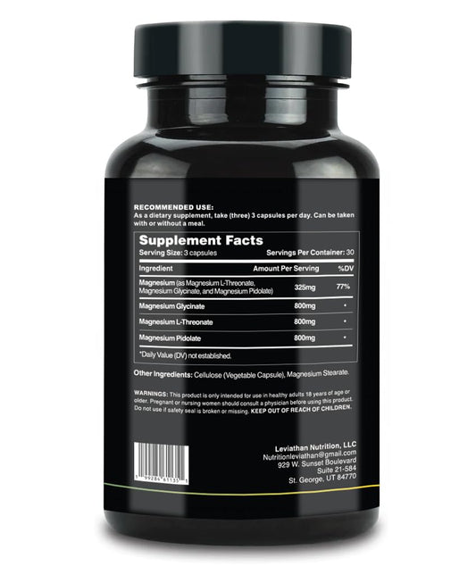 Closeup of Leviathan Magnesium capsules showing a triple-form blend for comprehensive daily support