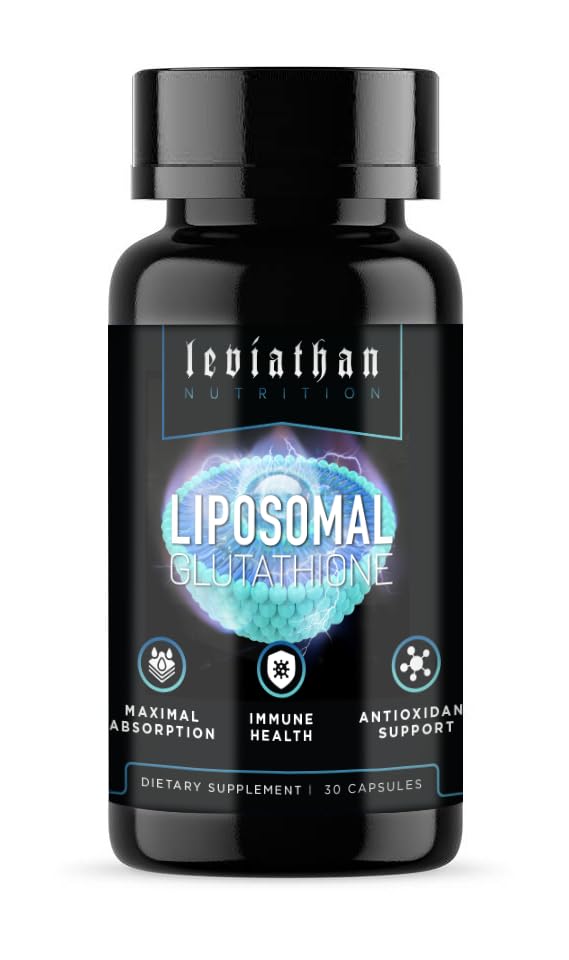 Leviathan Nutrition Liposomal Glutathione bottle closeup for potent antioxidant support.