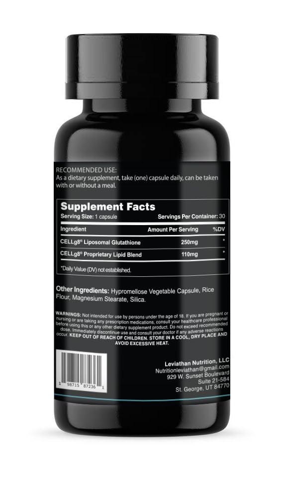 Leviathan Nutrition Liposomal Glutathione capsules packaging highlights cGMP testing.