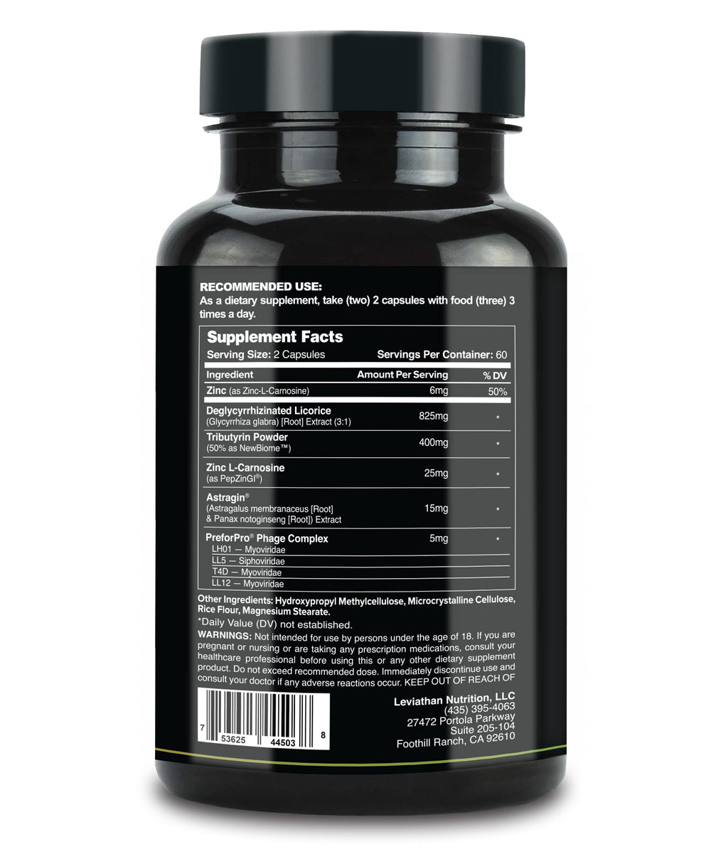 Leviathan Nutrition probiotic capsules closeup highlights capsules for gut health.