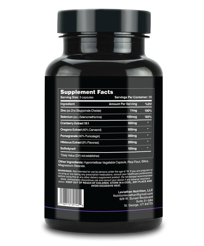 Leviathan Nutrition Prostate Support capsules displaying oregano extract for bladder comfort.