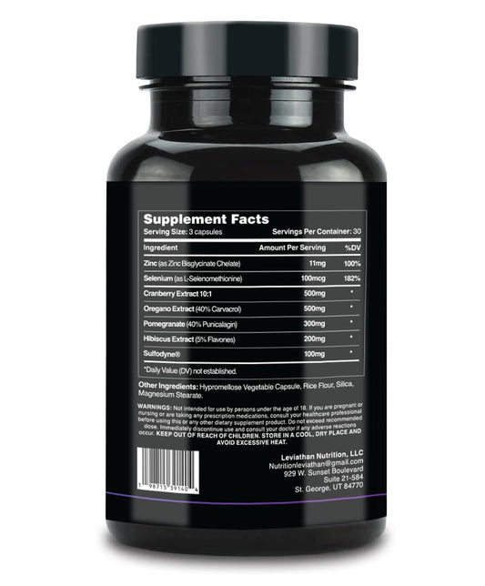 Leviathan Nutrition Prostate Support capsules displaying oregano extract for bladder comfort.