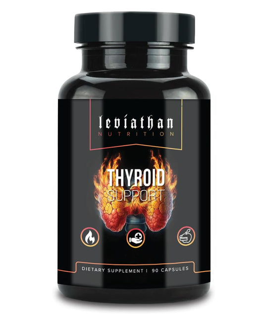 Leviathan Thyroid Support bottle front with branding and daily energy support.