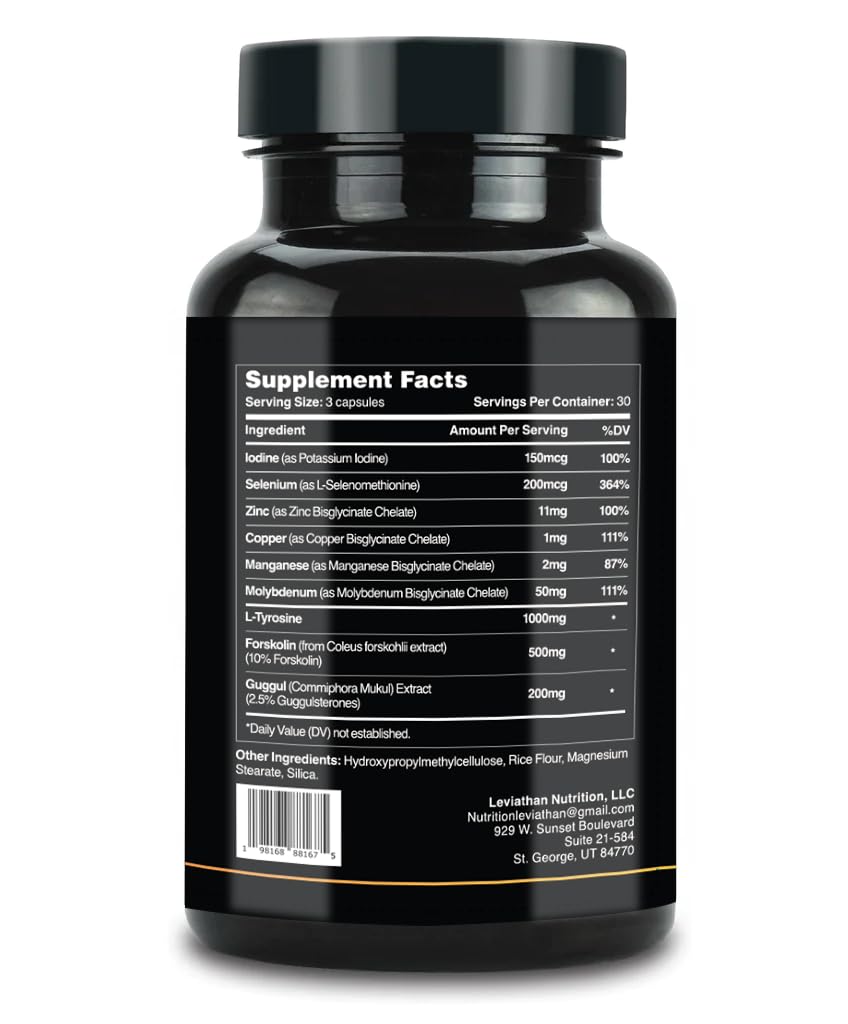 Nutrition facts panel of Leviathan Thyroid Support highlighting minerals and vitamins.