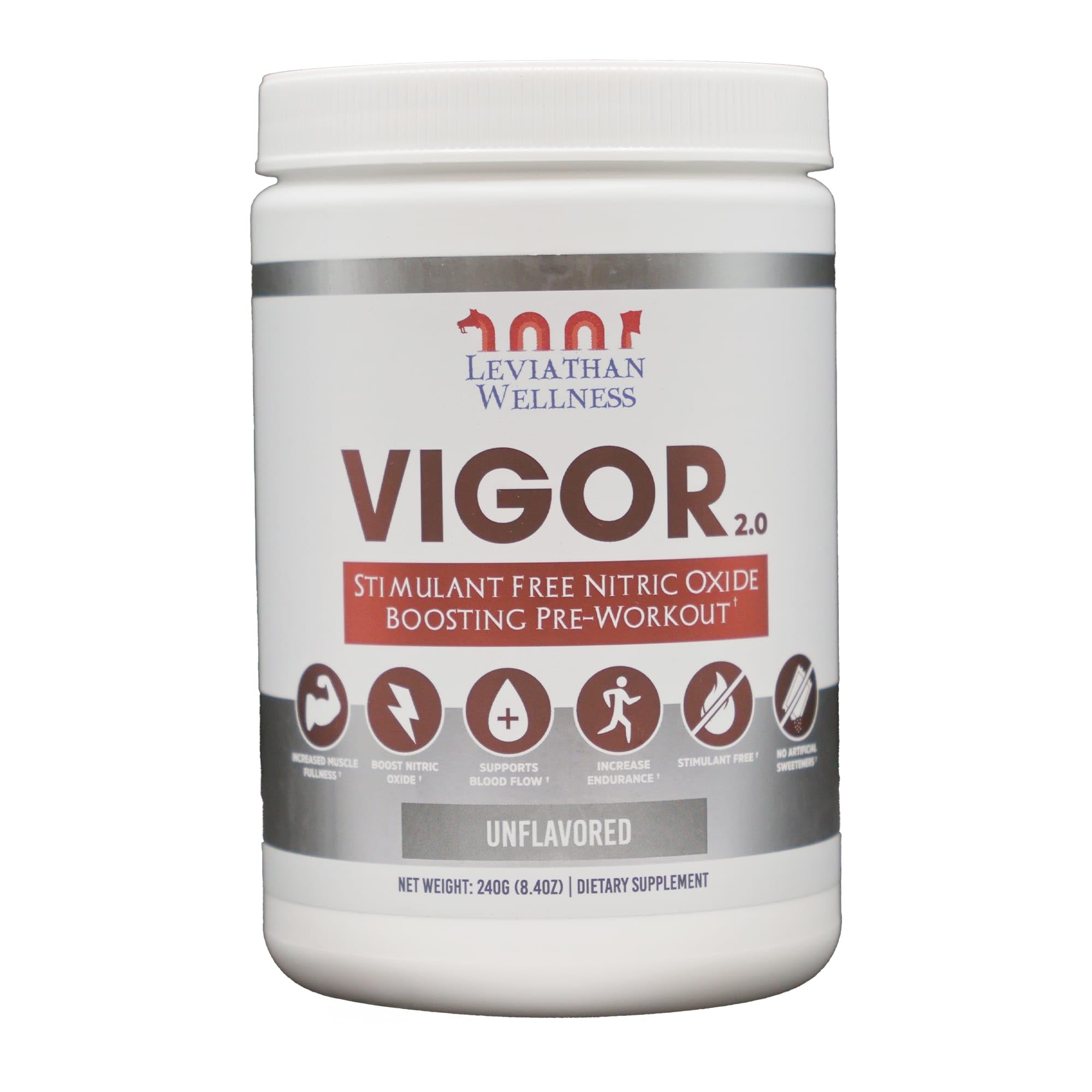 Leviathan Wellness Vigor V2 bottle front, stimulant-free pre-workout formula.