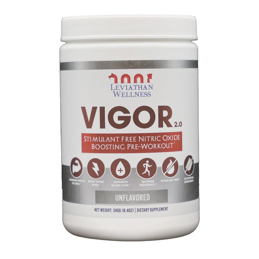 Leviathan Wellness Vigor V2 bottle front, stimulant-free pre-workout formula.