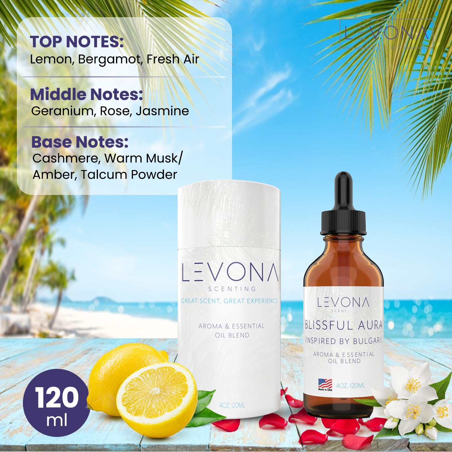 Levona Scent Blissful Aura bottle closeup highlights pure essential oils for refined home fragrance.