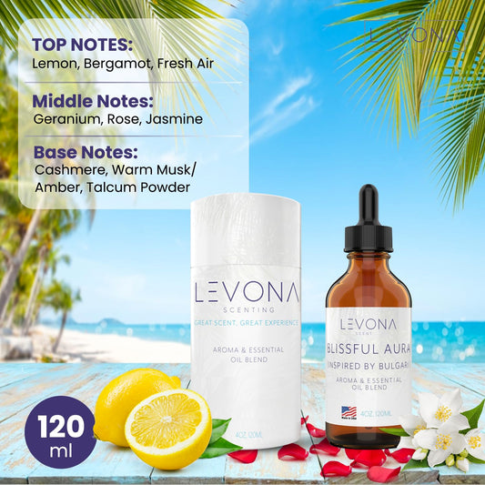 Levona Scent Blissful Aura bottle closeup highlights pure essential oils for refined home fragrance.