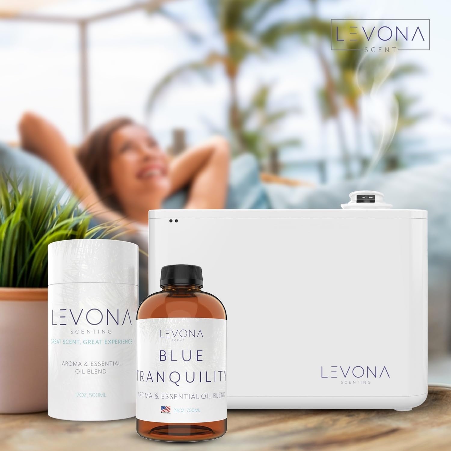 Levona Scent Blue Tranquility bottle label close-up emphasizes premium packaging and quality.