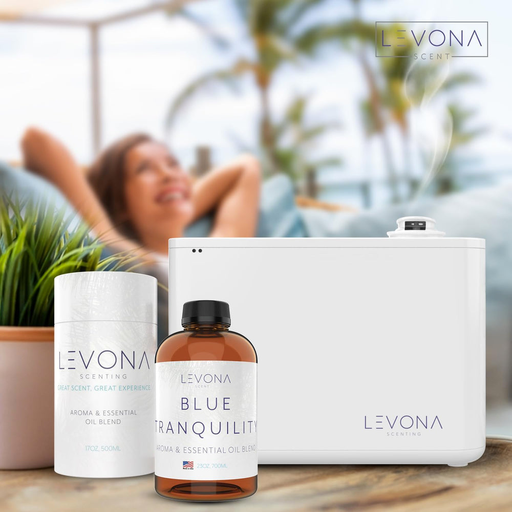 Levona Scent Blue Tranquility bottle label close-up emphasizes premium packaging and quality.