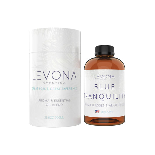 Levona Scent Blue Tranquility bottle pour showcases a coastal aroma ideal for diffuser use.