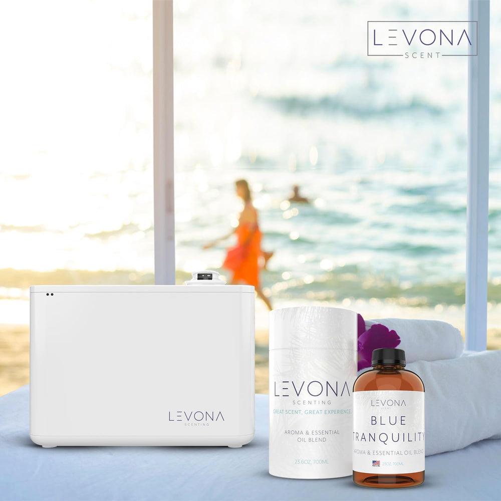 Levona Scent Blue Tranquility steam diffuser shot suggests wide scent coverage for rooms.